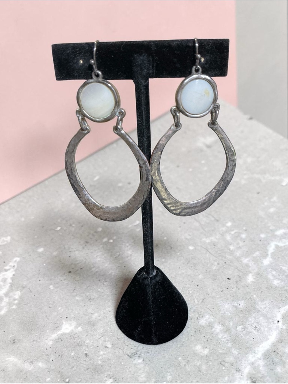 Elegant Mother of Pearl Hammered Silver Drop Earrings